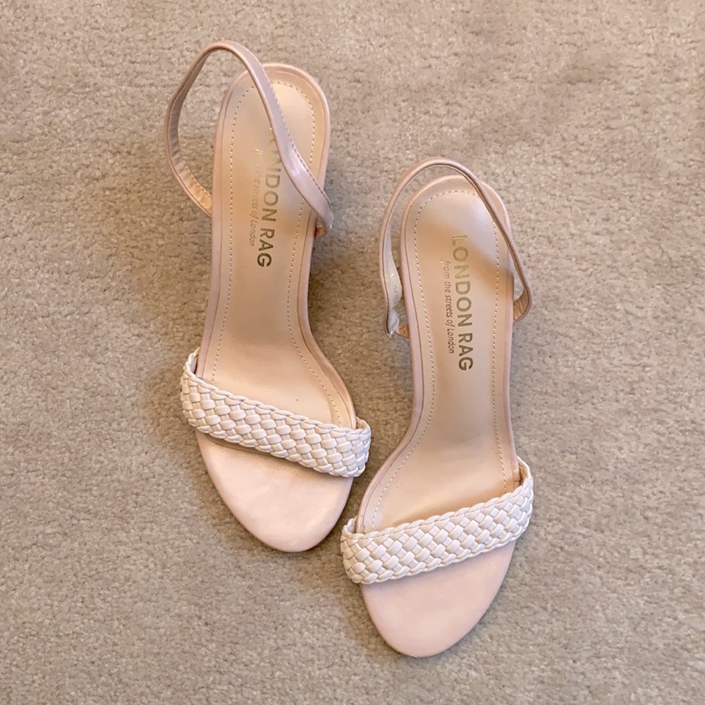 Nude blush sling back block heel braided sandals